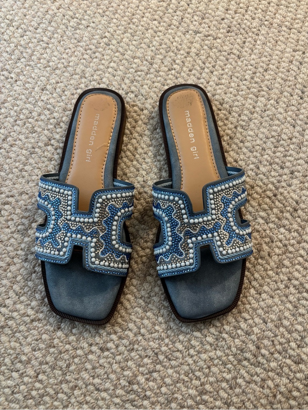 blue rhinestone slide sandals